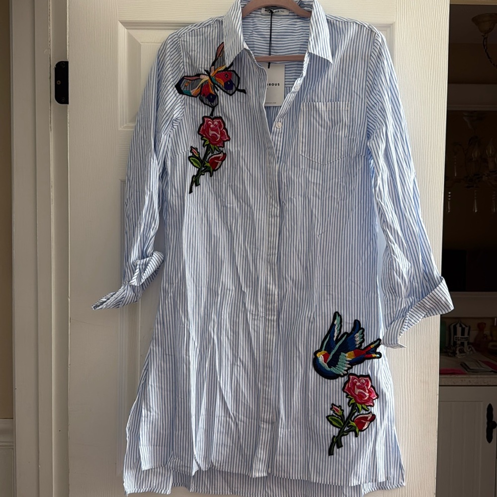 Glamorous pinstripe shirt dress with embroidered patches. Brand new with tags.